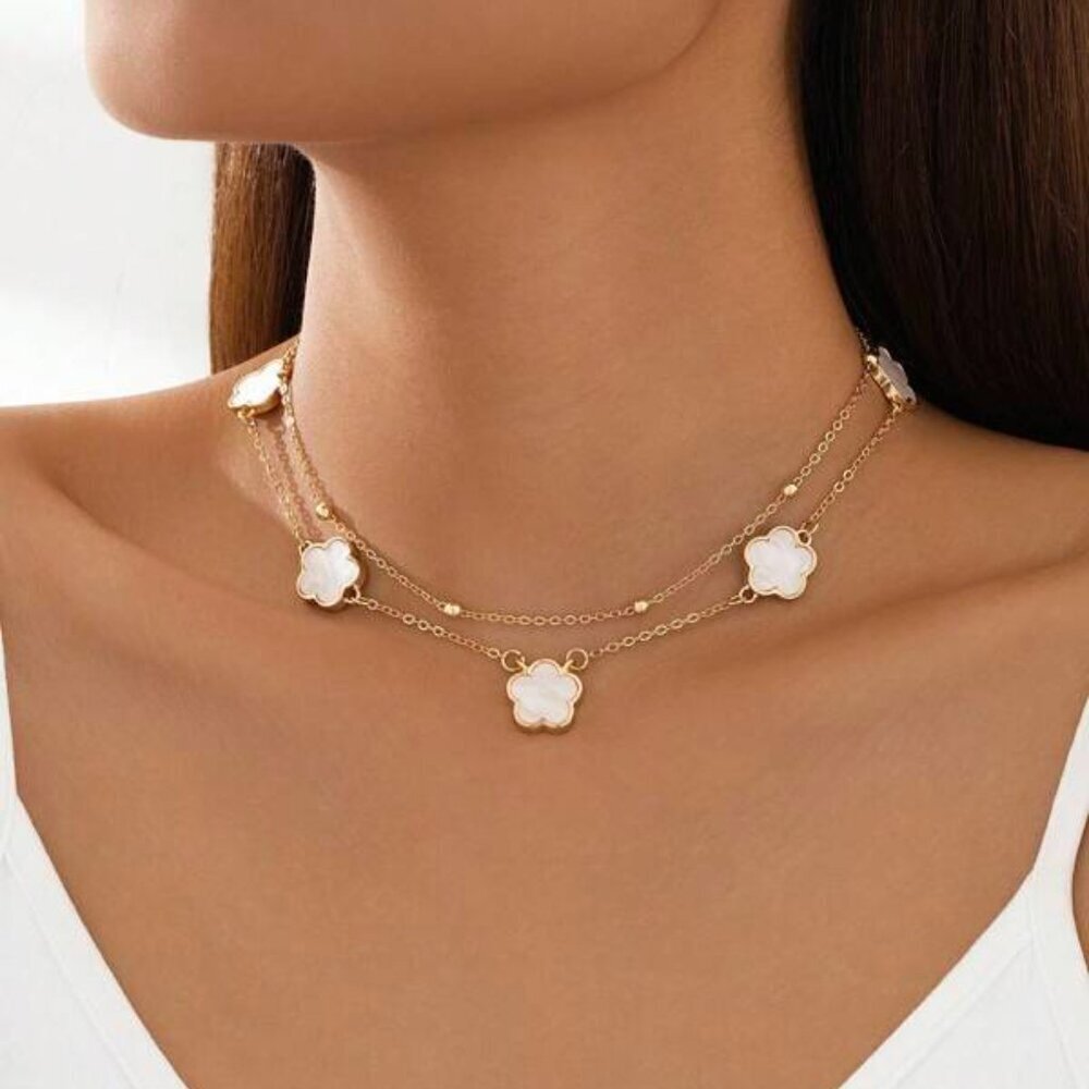 14K Gold Filled White Clover Double Chain Necklace